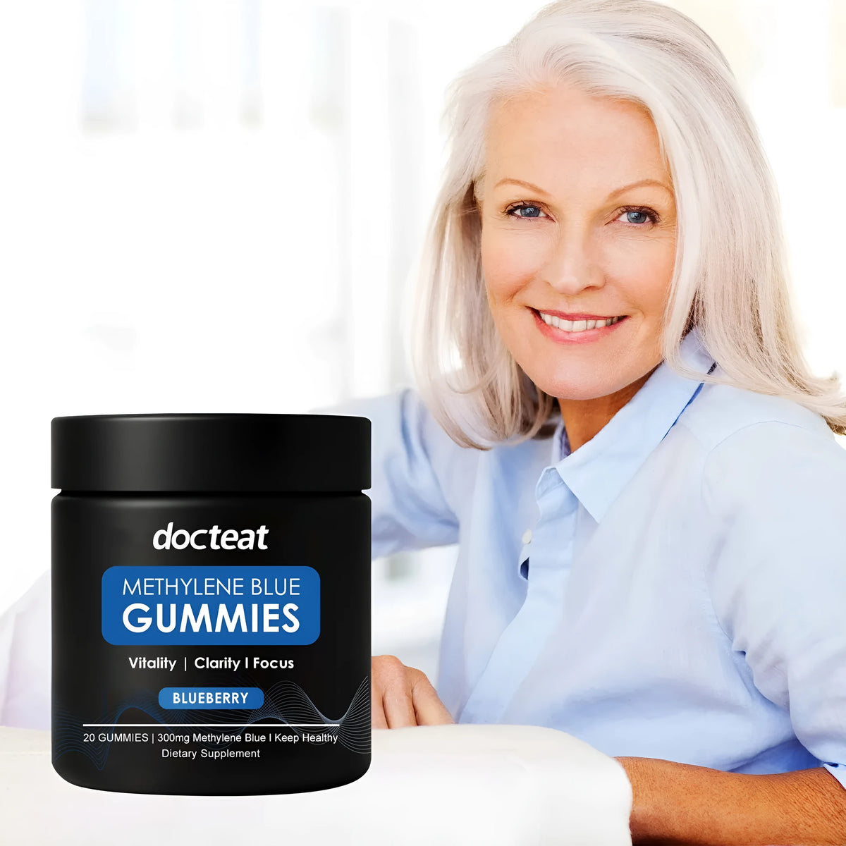Pack of 20 fruit-flavoured soft candy gummies for body care supplement containing methylene blue trihydrate.