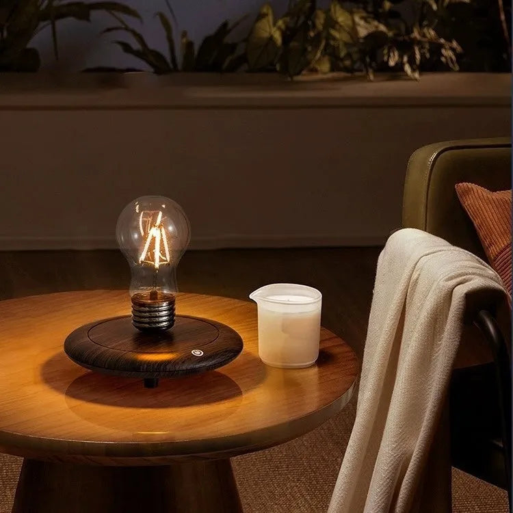 Suspension bulb night lamp on black wood grain base with iron art frame, 11cm square dimensions
