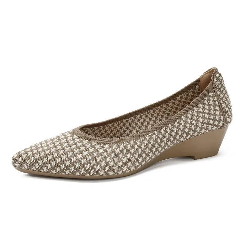 Women's leopard brown flyknit mesh pointed toe wedge pumps with a low rubber sole.