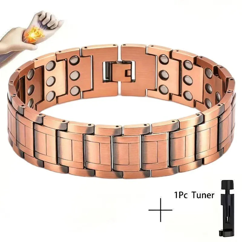 Retro bronze three-row zinc alloy bracelet with geometric links and regulator, unisex electroplated jewellery