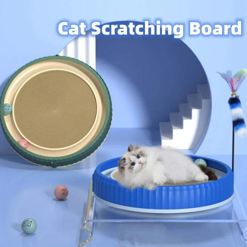 Round cat scratching board with removable pad and toy bell ball in navy blue