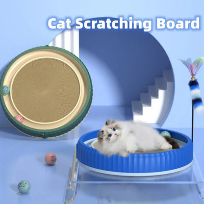 Round cat scratching board with removable pad and toy bell ball in navy blue