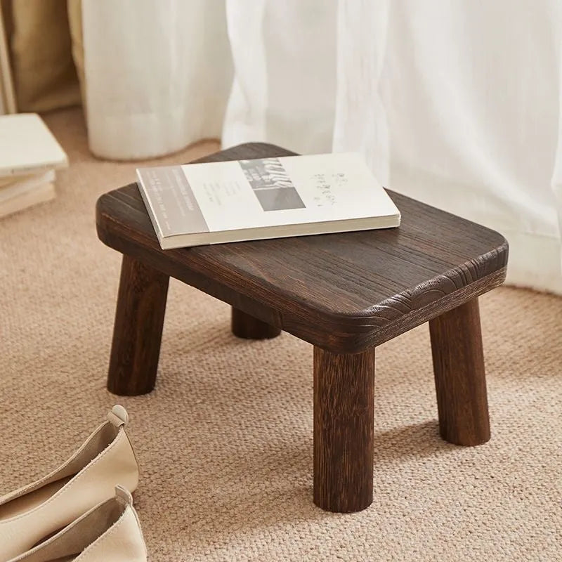 Solid wood stool with bracket structure and distressed finish for shoe changing