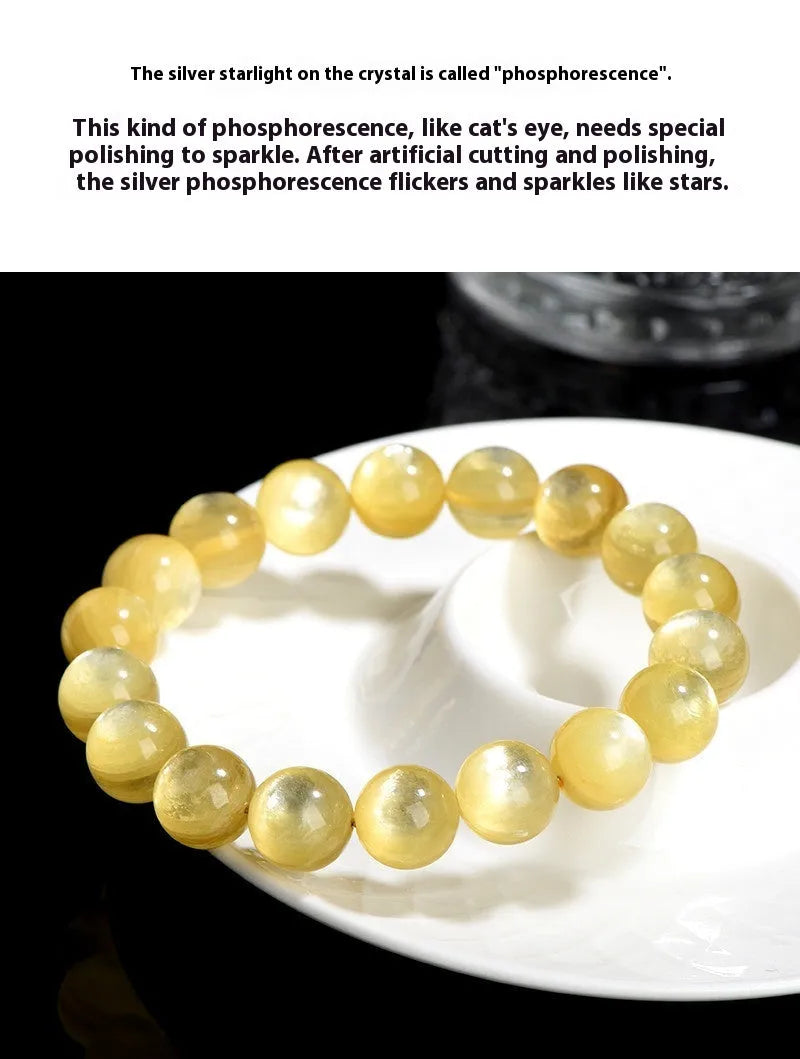 Yellow golden dragon mica round beads bracelet with polished lepidolite gemstones.