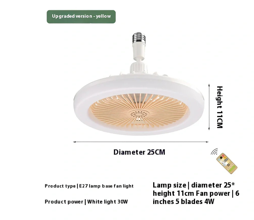 26cm round white ceiling fan with plastic blades and integrated LED light, remote control