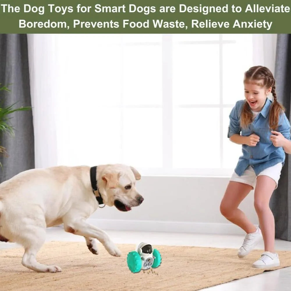 A small, colourful rolling dog toy with treat openings, shown on a wooden floor.