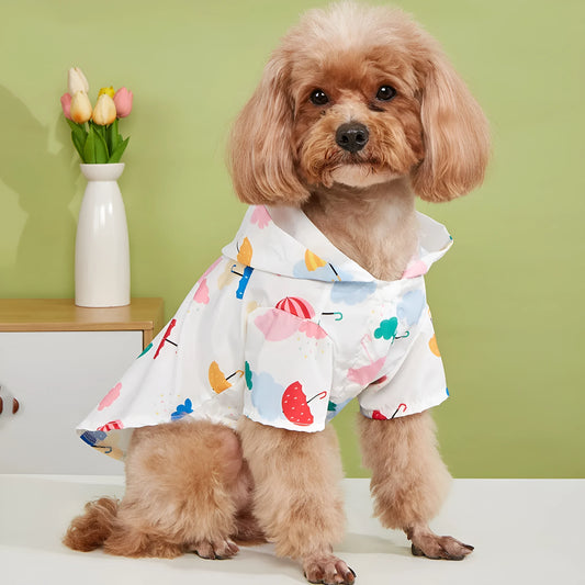 Colourful cartoon umbrella pattern pet raincoat for dogs and cats, shown in size L.