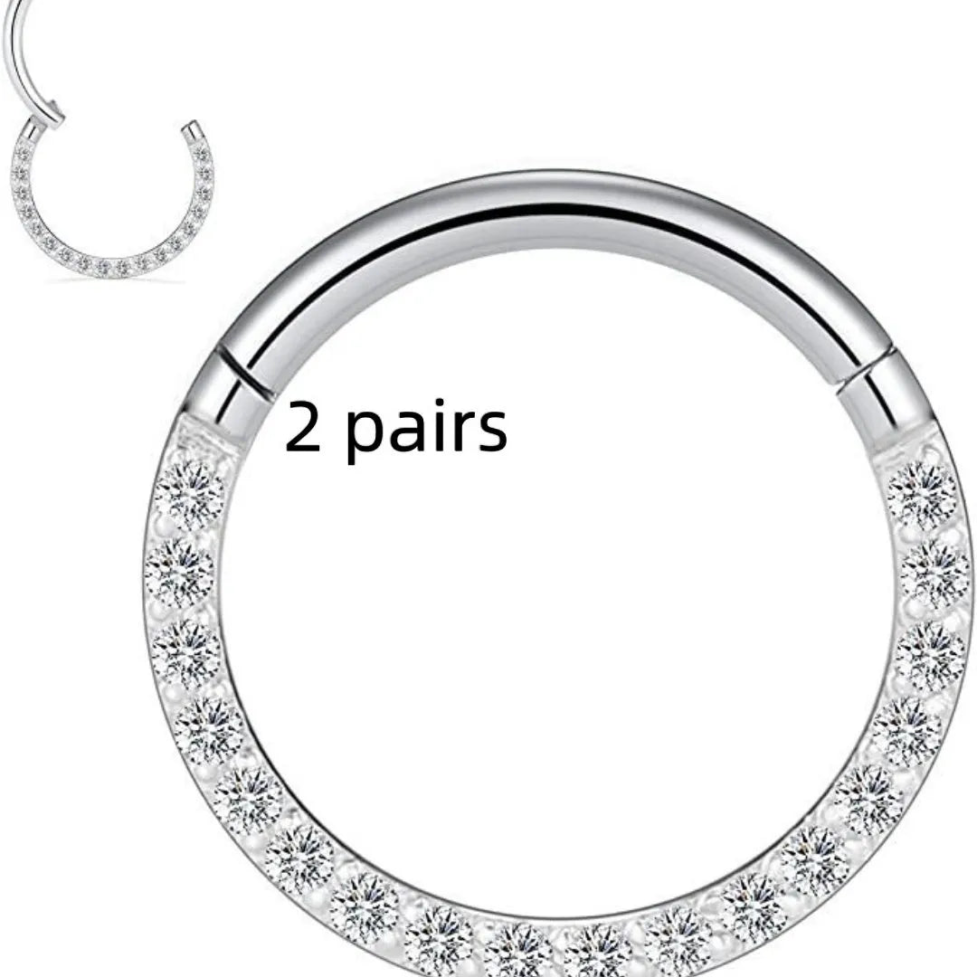 Stainless steel nose ring with diamond accent in seamless round design, showing size options and colour variations