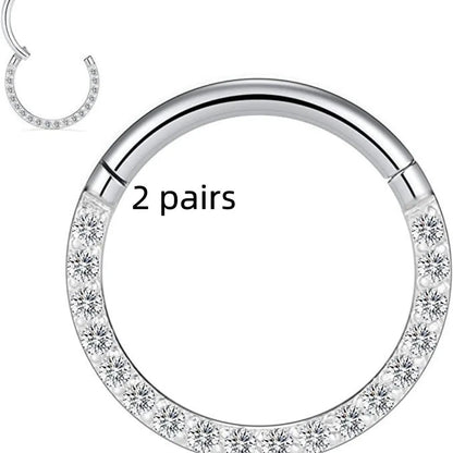 Stainless steel nose ring with diamond accent in seamless round design, showing size options and colour variations