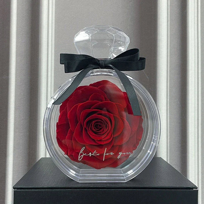 Preserved floral ornaments in various colors, displayed in a transparent cover for elegant home decor