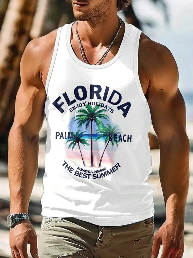 Men's solid colour Hawaiian-style sleeveless vest with 3D printed design in polyester fabric