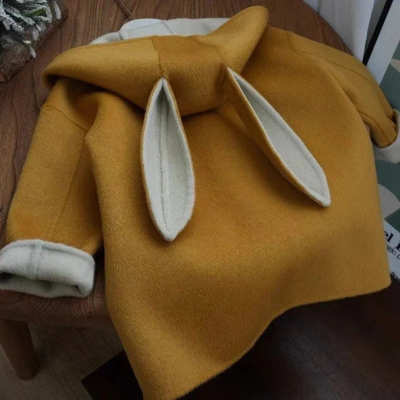 Milky white children's woolen coat with rabbit ears hood, mid-length design with long sleeves