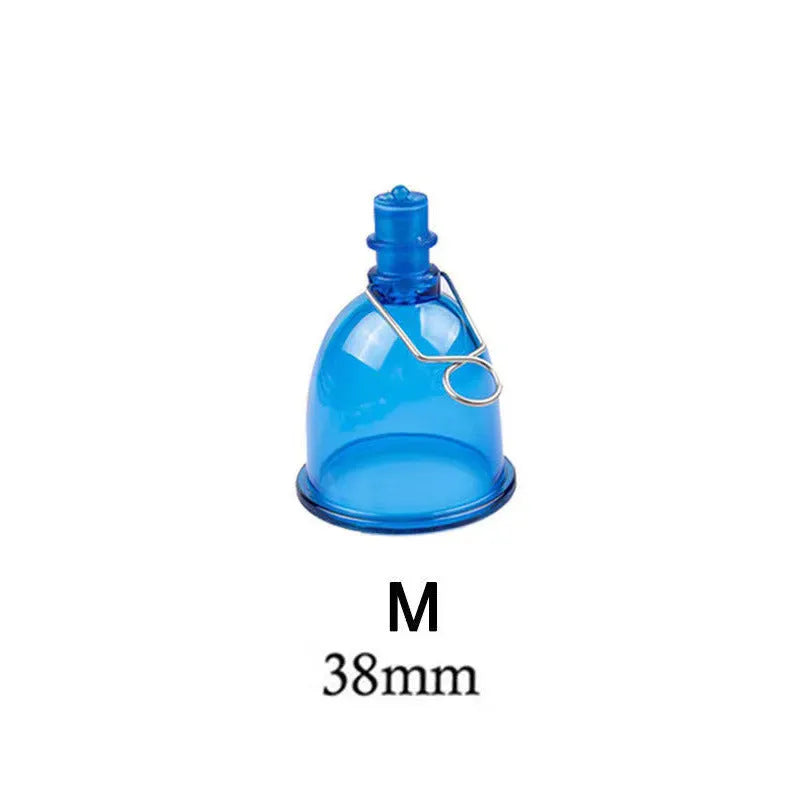 Blue silicone male masturbator shown in small, medium, and large size options.