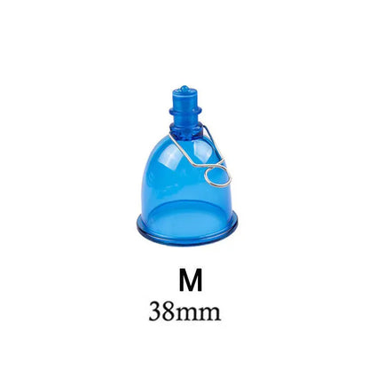 Blue silicone male masturbator shown in small, medium, and large size options.