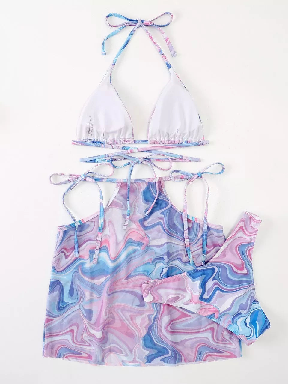 Lavender bikini 3-piece beach skirt set for women, includes top, bottom, and skirt