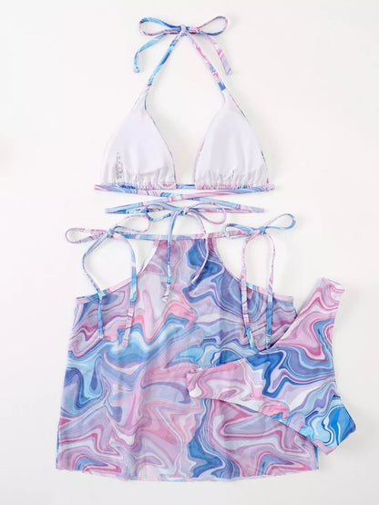 Lavender bikini 3-piece beach skirt set for women, includes top, bottom, and skirt