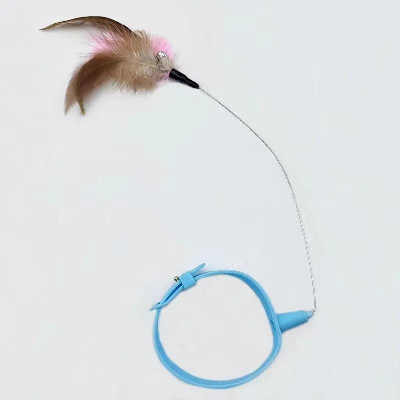 Blue adjustable cat collar toy with silicone teasing wand and feather teaser attachment for interactive play