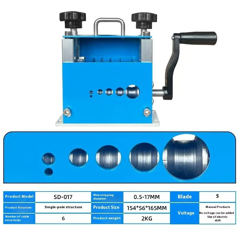 Manual wire stripping machine with adjustable blades for 0.5-17mm cables, compact 154mm design