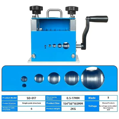 Manual wire stripping machine with adjustable blades for 0.5-17mm cables, compact 154mm design