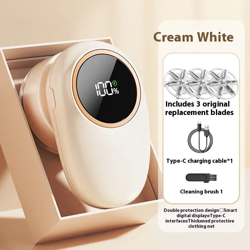 Fur ball trimmer with digital display in beige or purple colours with configurable cutter heads