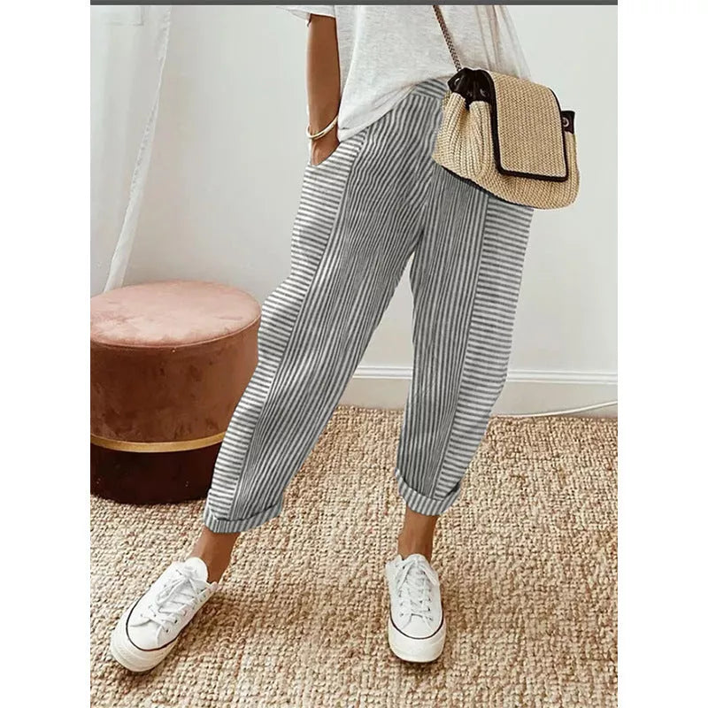 Women's striped print trousers in light gray, loose fit for summer comfort