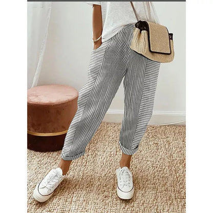 Women's striped print trousers in light gray, loose fit for summer comfort