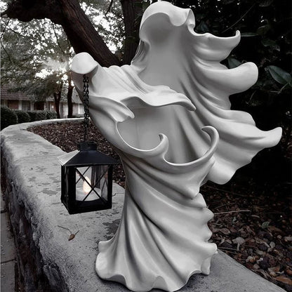 Faceless ghost sculpture in resin, a unique Halloween decoration with a spooky, supernatural design