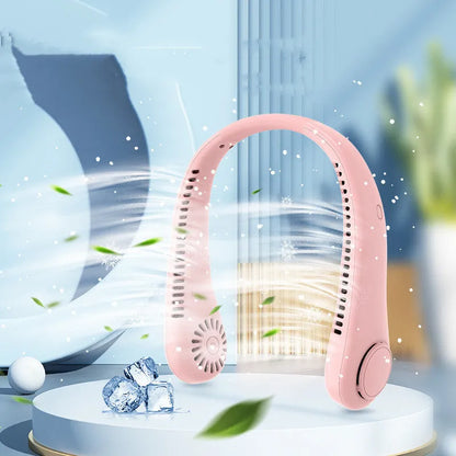 White rechargeable neck fan worn around neck with bladeless design and USB charging