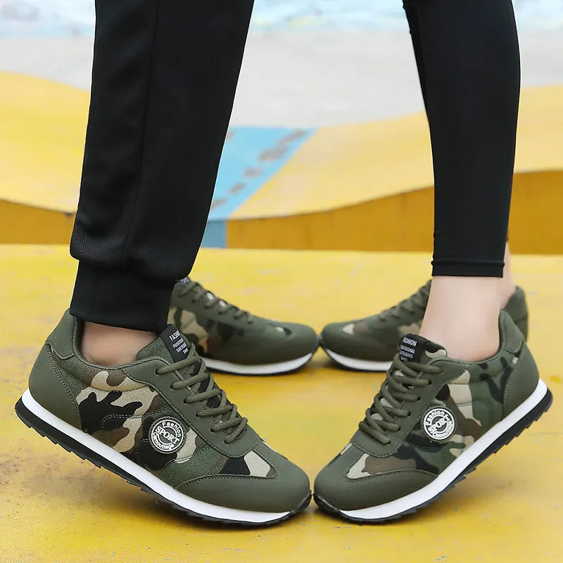 Camouflage pattern unisex sports running shoes showing suede upper and low-top design