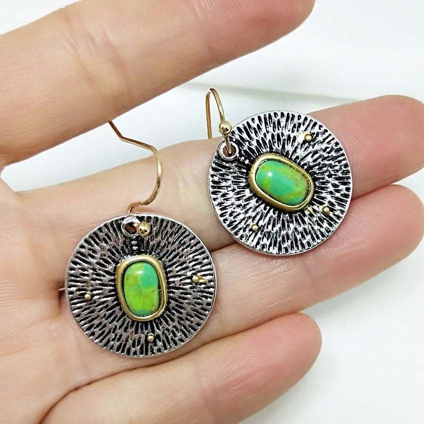 Turquoise colour separation antique silver alloy earrings with electroplating treatment