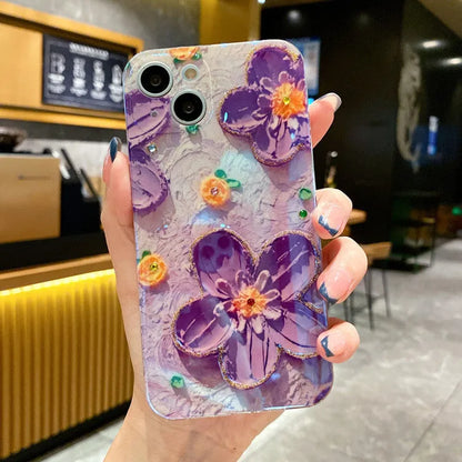 Purple soft rubber phone case with epoxy oil painting flower and blue diamond inlay design