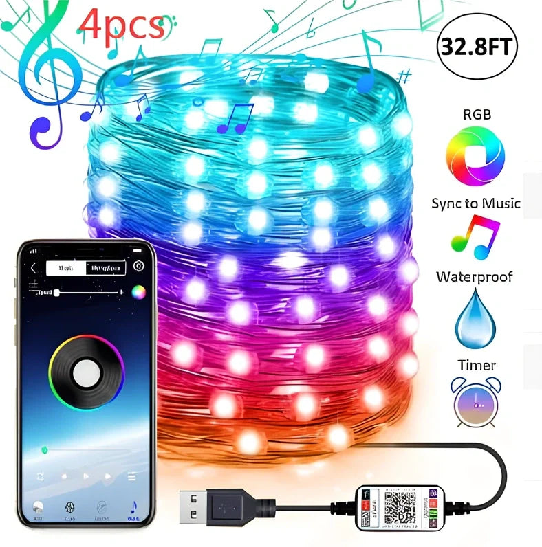 Programmable LED Christmas tree lights with app control showing custom colour animations on festive tree