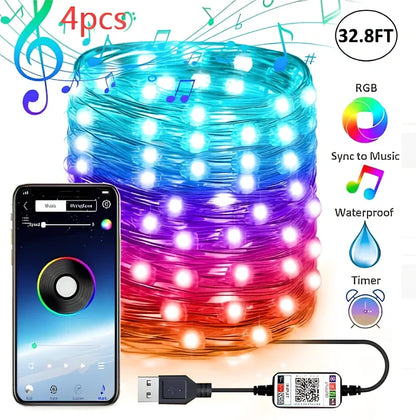 Programmable LED Christmas tree lights with app control showing custom colour animations on festive tree