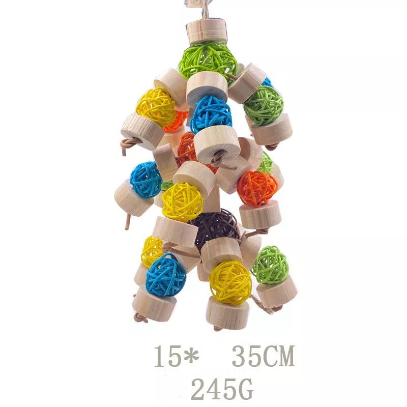 Natural wood nibbling toy for birds, available in small, medium, and large sizes