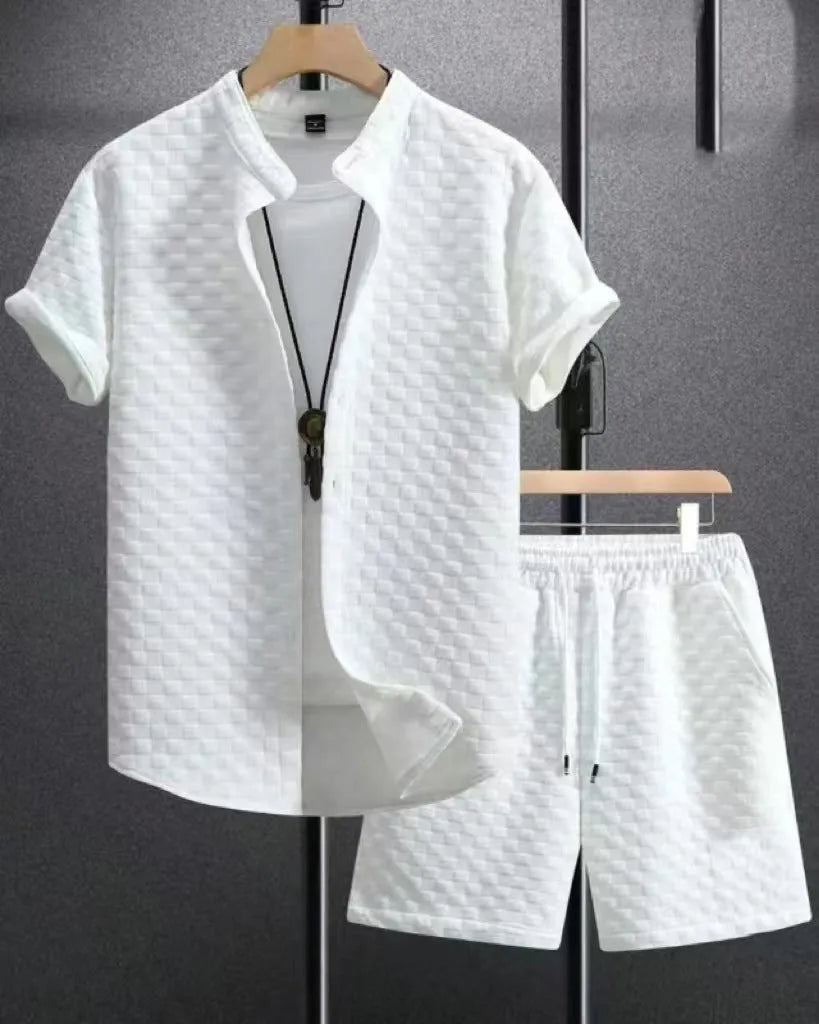 Jacquard short sleeve suit separates in chemical fibre blend polyester with shirt-style jacket and matching shorts