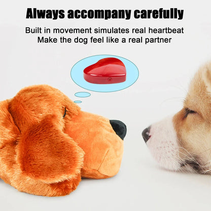 Light brown plush dog toy measuring 37cm long with heartbeat accessory for pet anxiety relief