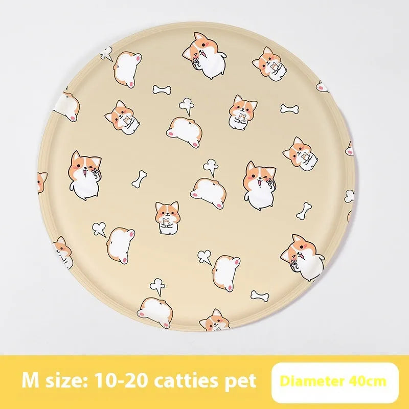 Round pet cooling mat with cartoon dog designs in blue and beige colour options