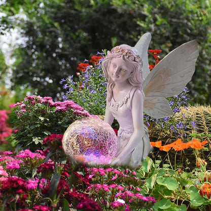 European-style flower fairy resin statue holding glass ball, perfect for garden and home decor