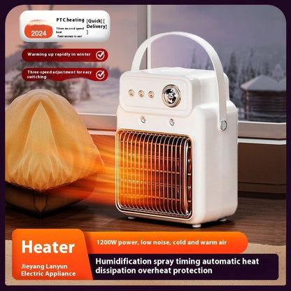 A sleek and modern 2-in-1 heater and humidifier with adjustable temperature, wind speed, and mist settings for customized climate control.