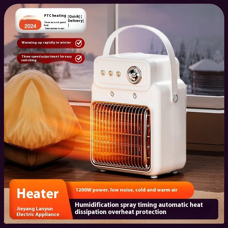White compact table heater with humidifier function, control panel showing heat and fan settings.