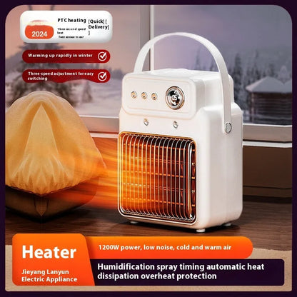 White compact table heater with humidifier function, control panel showing heat and fan settings.