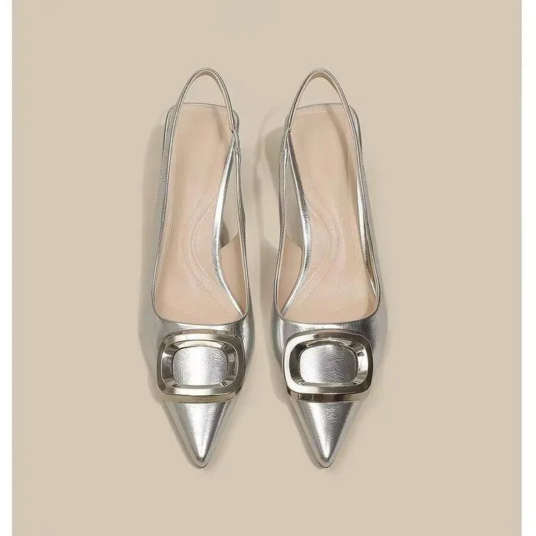 Pointed toe high heels with French square buckle, microfiber upper, rubber sole, sizes 35-39