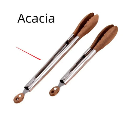 Stainless steel barbecue food tong with wood handle showing clamp mechanism and length measurement