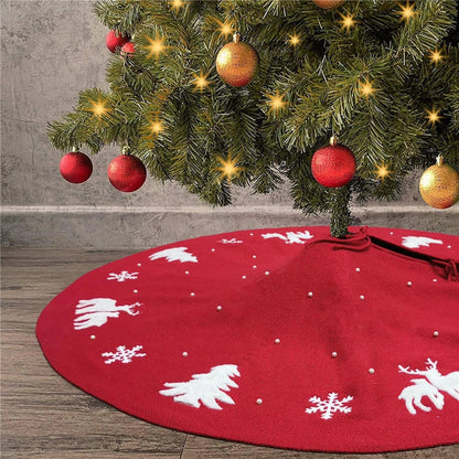 Handmade knitted Christmas Tree Skirt with 3D reindeers, Christmas trees, and snowflakes patterns