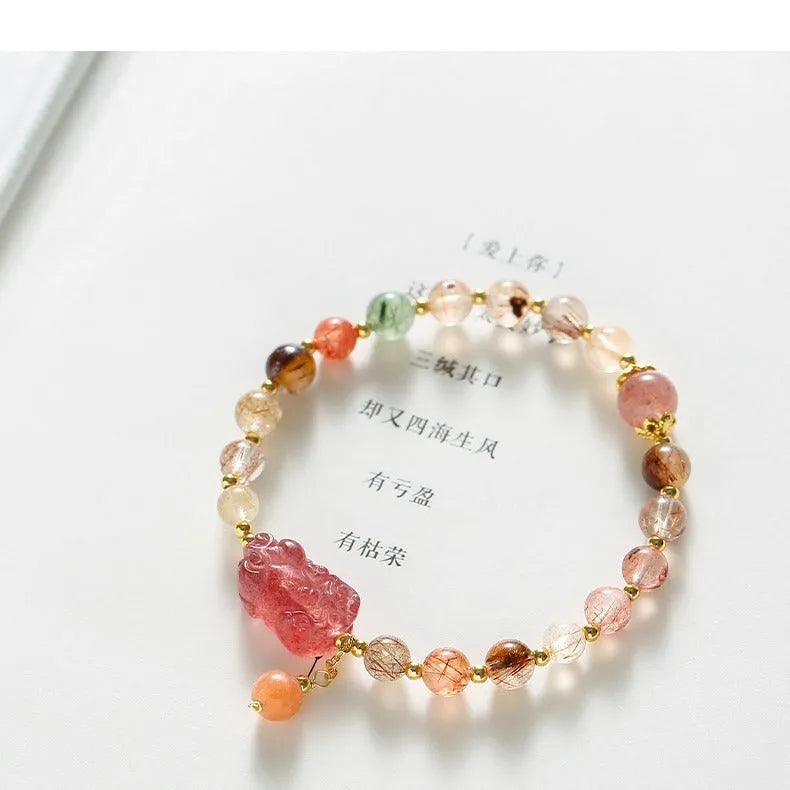 Strawberry quartz crystal bracelet with copper chain, Pixiu charm, and natural pearls in dopamine crystal colour