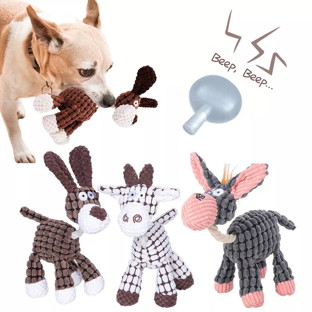 Donkey-shaped corduroy chew toy for dogs with squeaker, available in white, brown, and gray