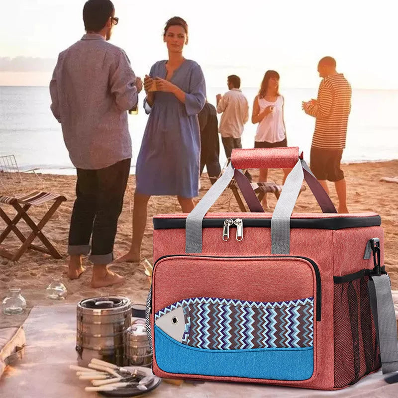 Fish pattern insulated cooler bag in various colors, perfect for outdoor picnics and lunches