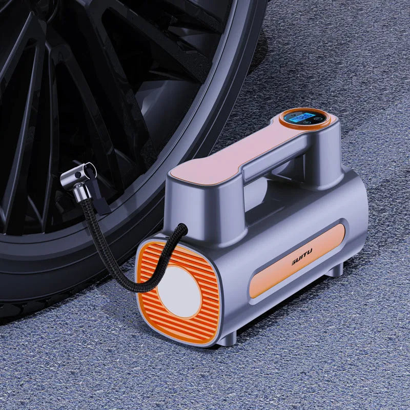 Cordless portable car tyre inflator pump with digital LCD display on black ABS plastic body