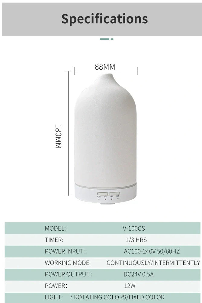 Ceramic ultrasonic aroma diffuser in white with 100ml tank, diffusing mist in home setting, 10cm diameter