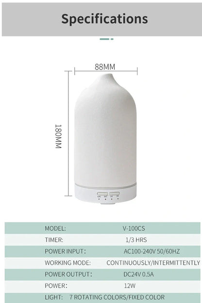 Ceramic ultrasonic aroma diffuser in white with 100ml tank, diffusing mist in home setting, 10cm diameter
